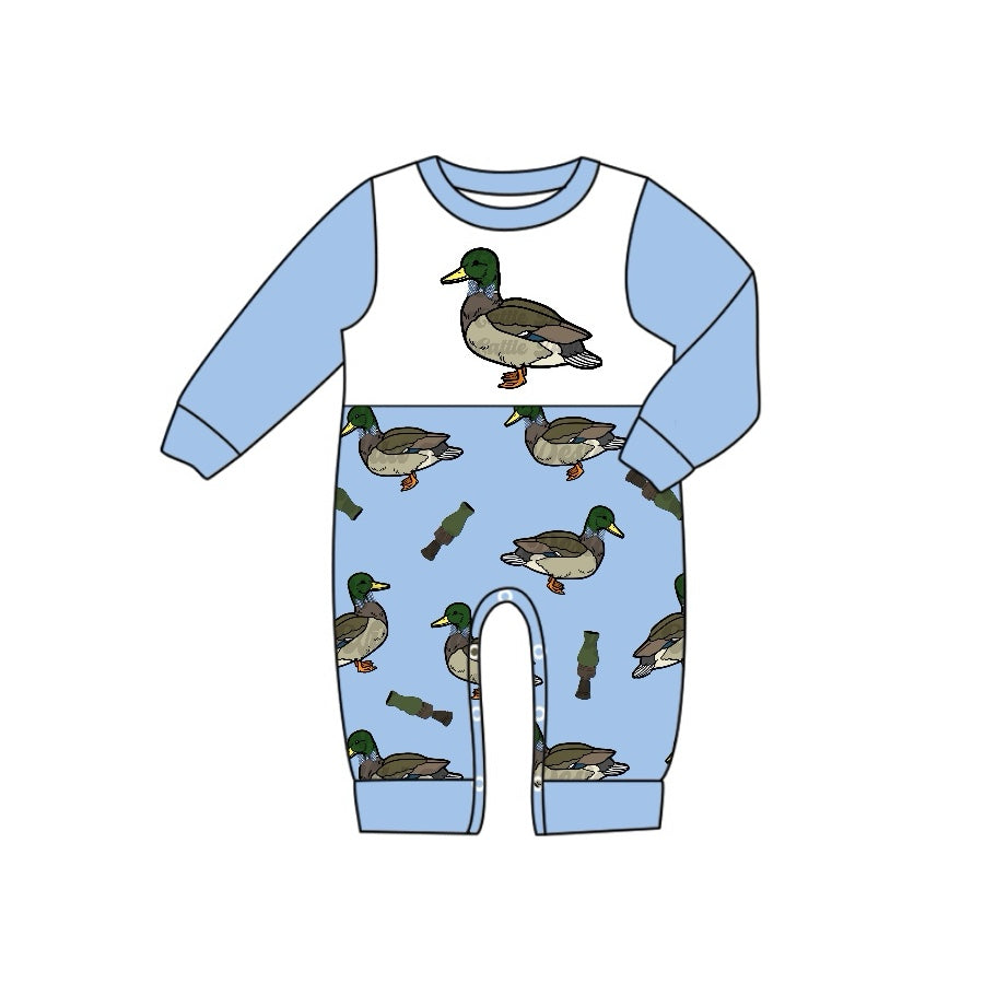 Light blue long sleeves duck bow ruffle baby boys romper