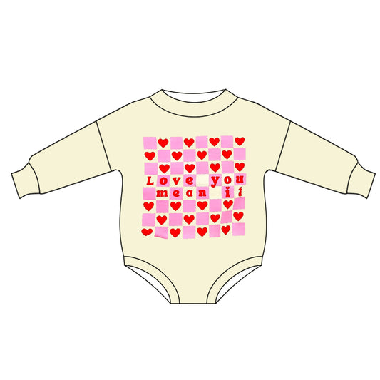 Long sleeves pink plaid heart love you girls Valentine's romper