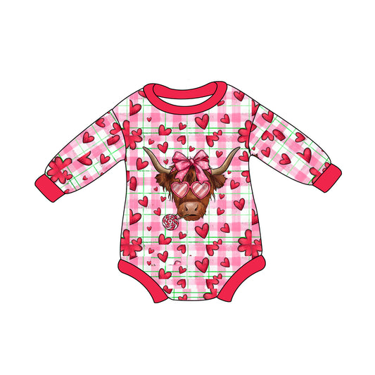 Long sleeves plaid heart highland cow girls valentine's romper