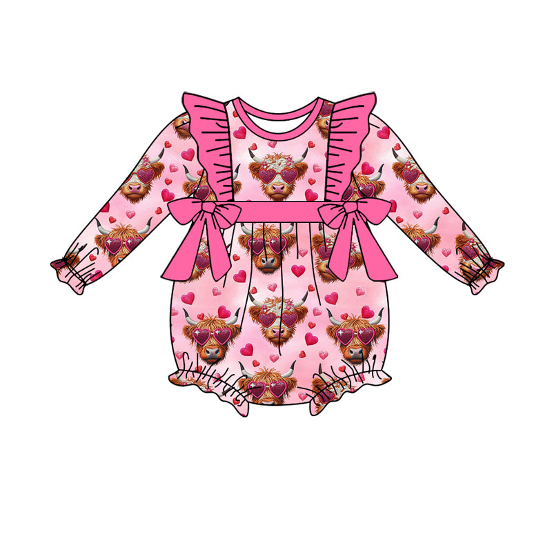 Highland cow heart bow baby girls valentine's romper