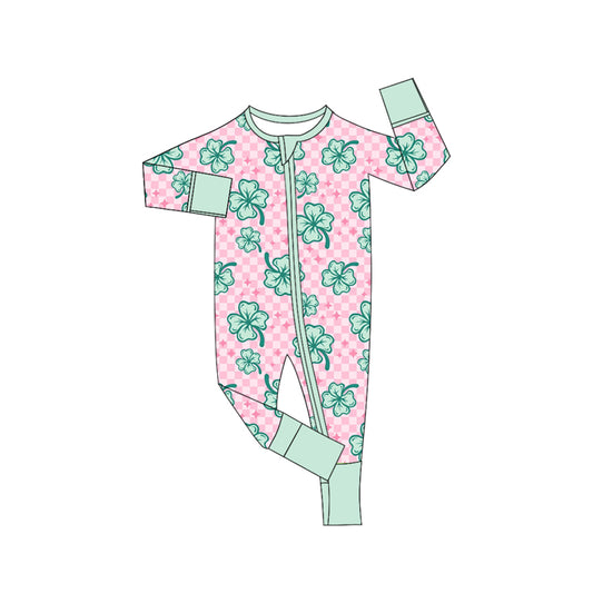 Long sleeves pink plaid clover baby girls St Patrick's romper