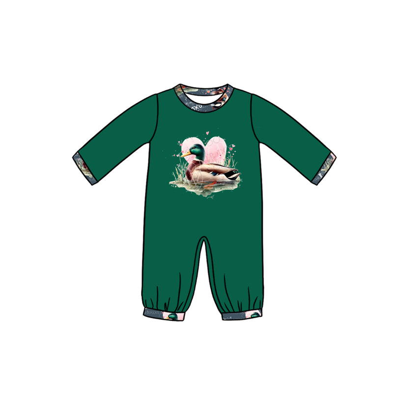 Long sleeves green duck heart baby boys valentine's romper