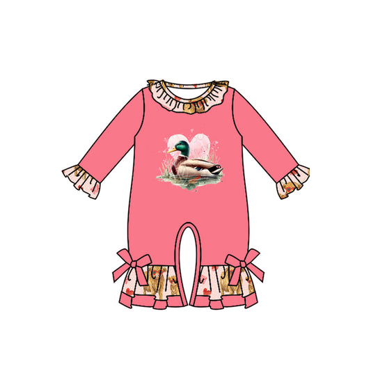 Long sleeves pink duck heart baby girls valentine's romper