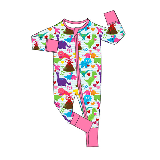 Pink long sleeves dinosaur heart baby valentine's zipper romper