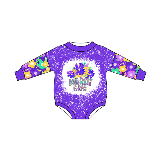 Purple bleached mardi gras floral baby girls romper