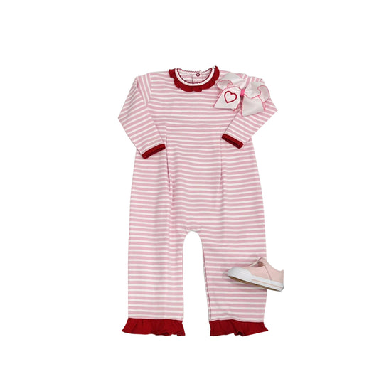 Red ruffle pink stripe long sleeves girls valentine's romper