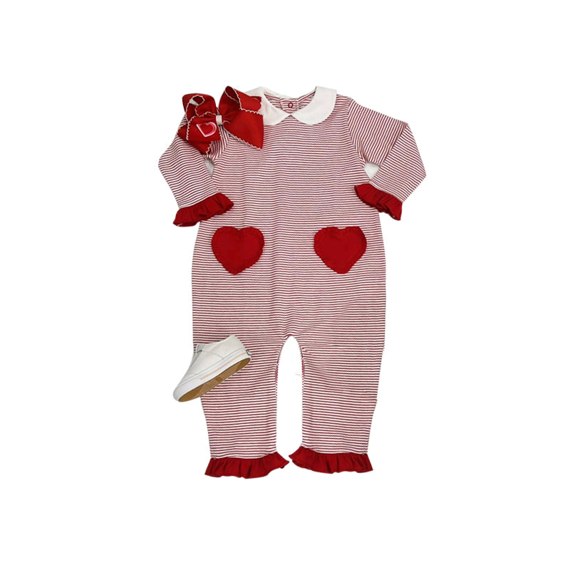 Red heart stripe long sleeves baby girls valentine's romper