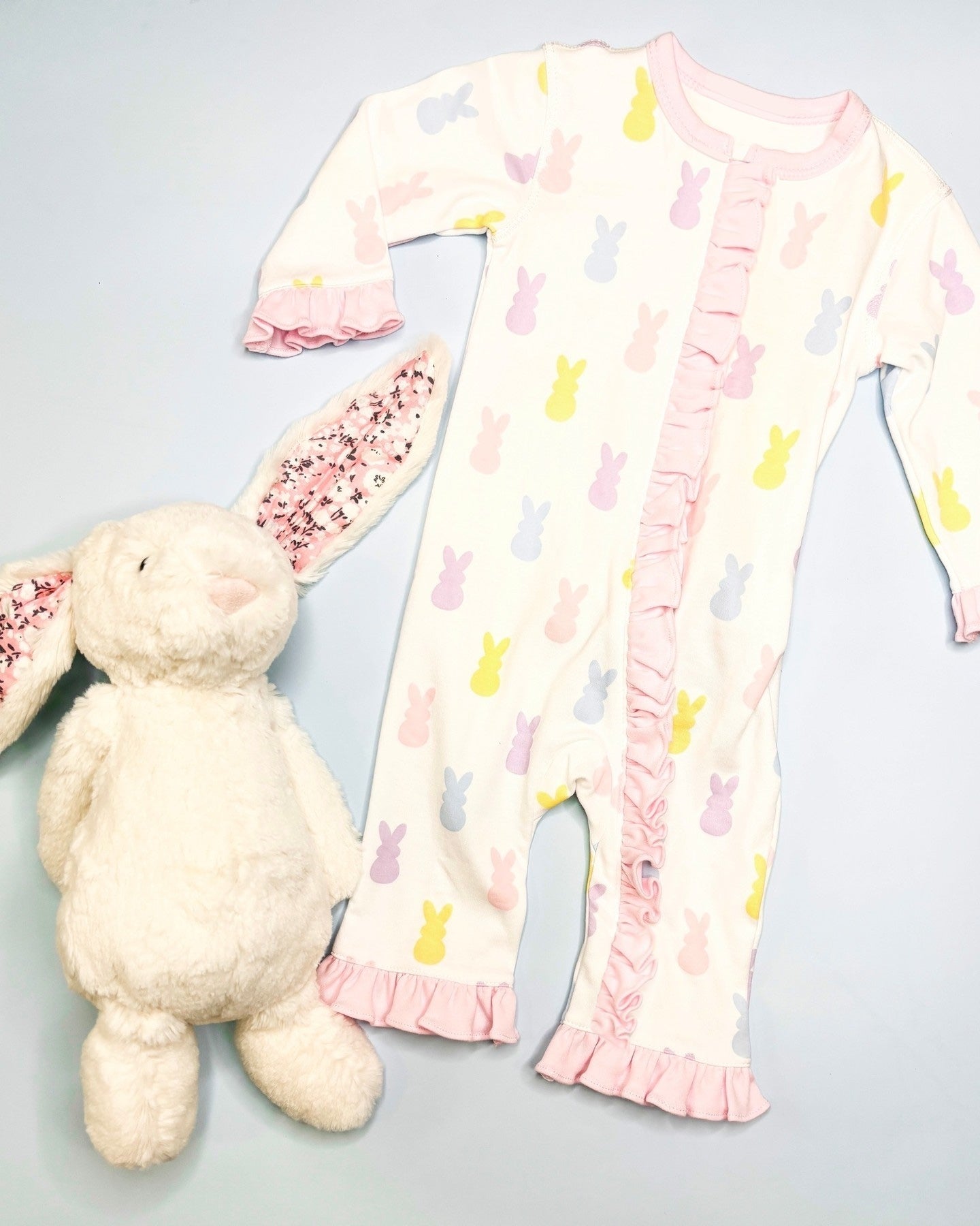 Long sleeves pink ruffle bunny baby girls Easter romper