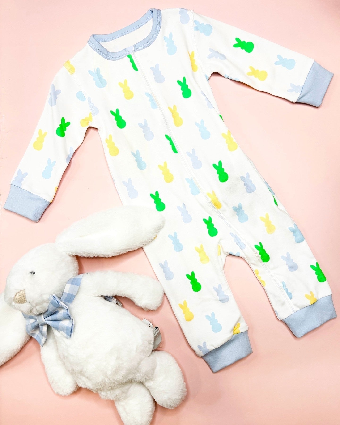 Long sleeves light blue bunny baby boys Easter romper