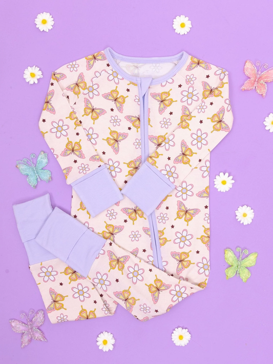 Lavender floral butterfly baby girls zipper romper