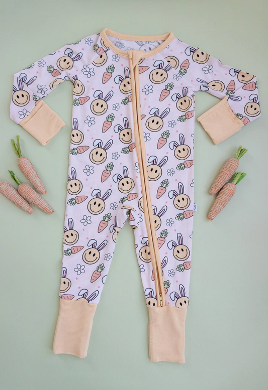 Long sleeves bunny smile floral carrot baby Easter zip romper