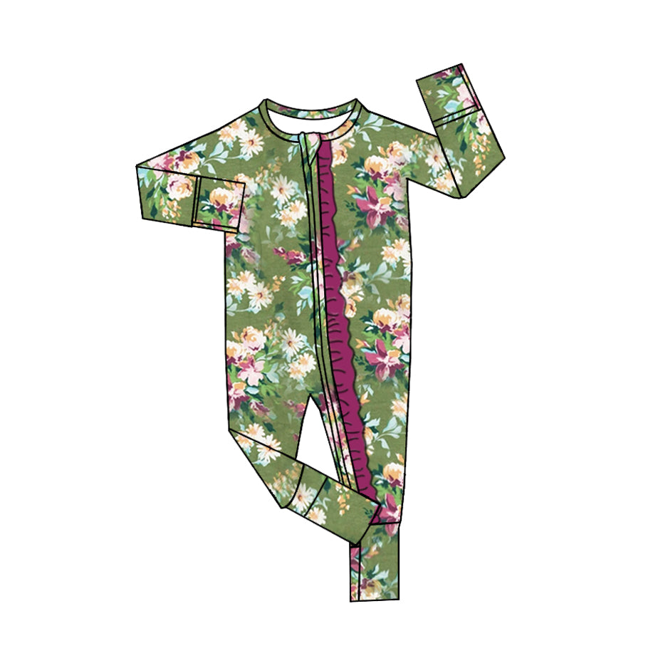 Purple ruffle green floral baby girls zipper romper