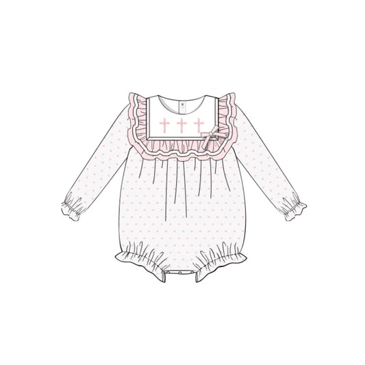 Pink polka dots cross baby girls Easter romper