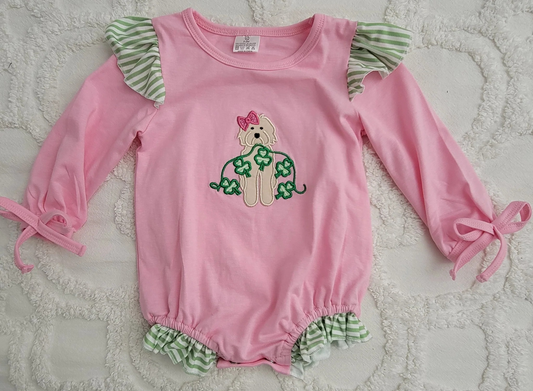 Pink long sleeves shamrock dog baby girls St Patrick's romper