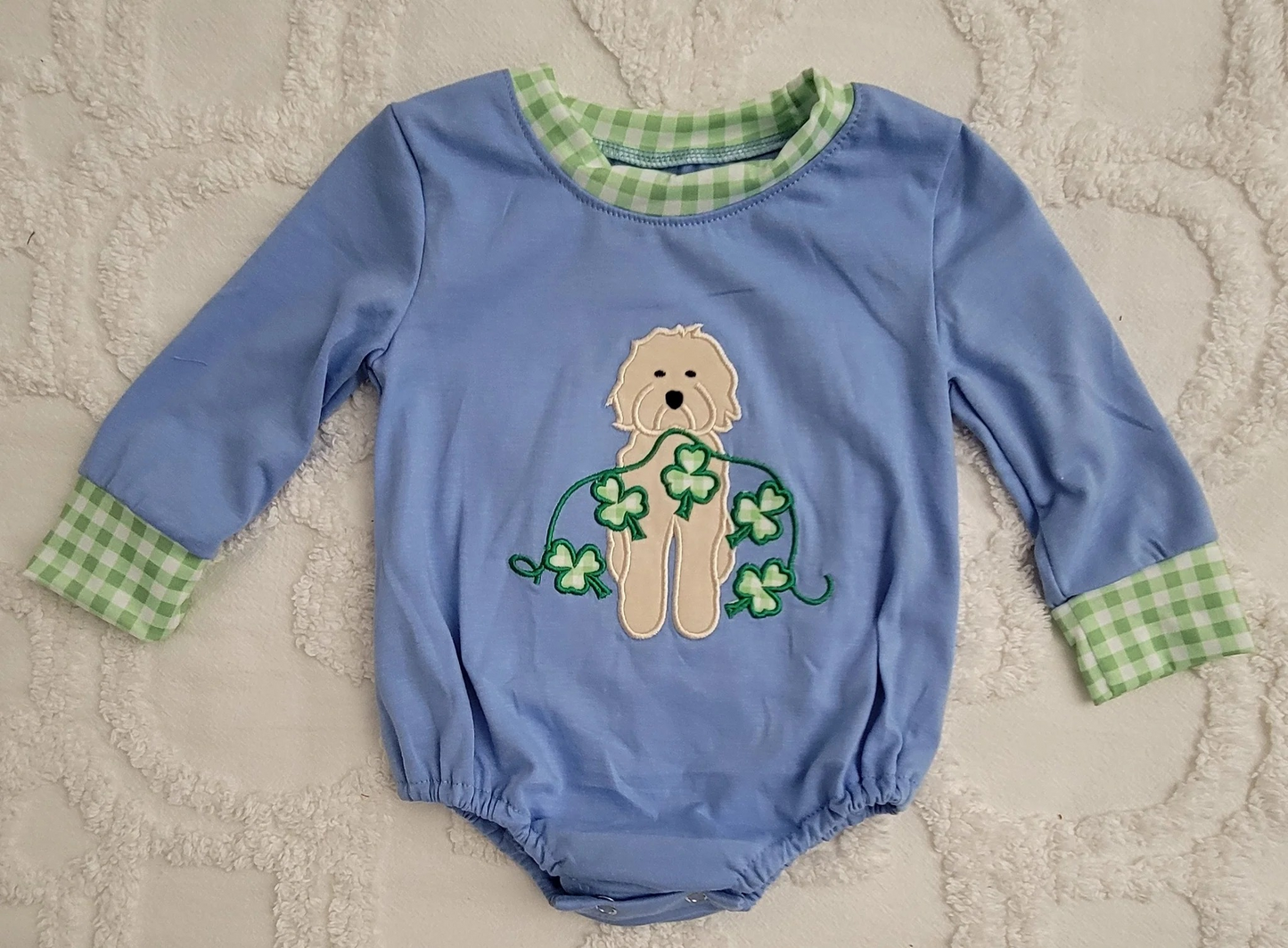 Light blue shamrock dog baby boys St Patrick's romper