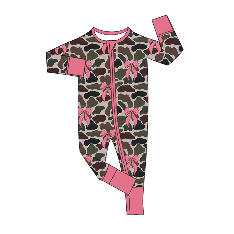 Long sleeves pink bow camo baby girls zipper romper