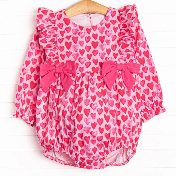 Long sleeves pink heart bow baby girls valentine's romper