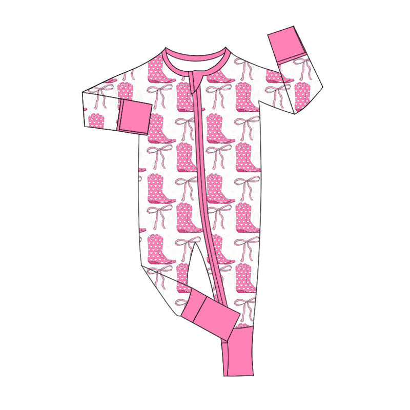 Pink heart boots bow western girls valentine's romper