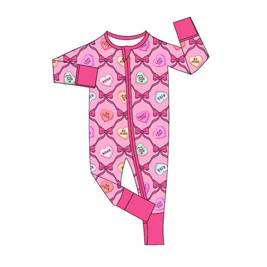 Pink bow heart baby girls valentine's zipper romper