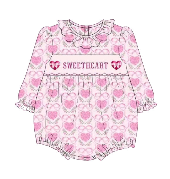 Long sleeves sweet heart pink bow baby girls Valentine's romper