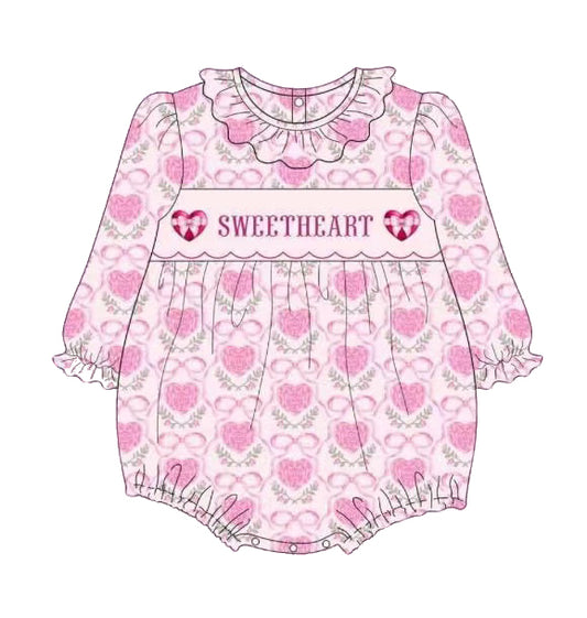 Long sleeves sweet heart pink bow baby girls Valentine's romper