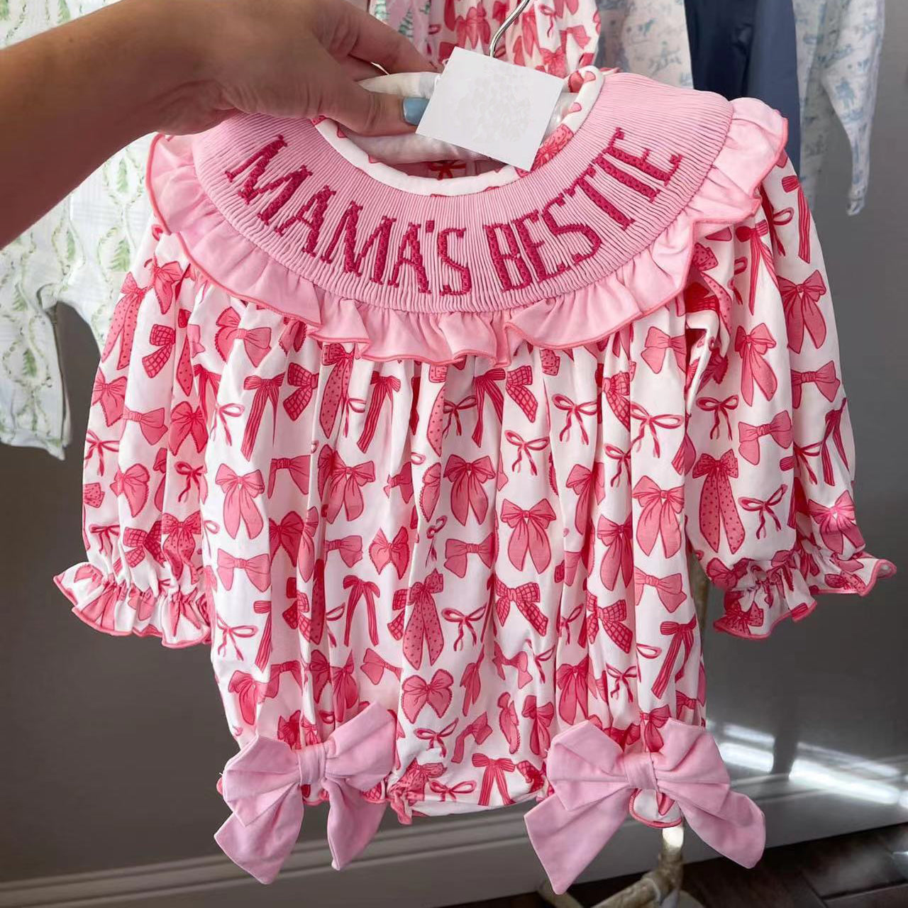 Pink bow long sleeves mama's bestie baby girls romper