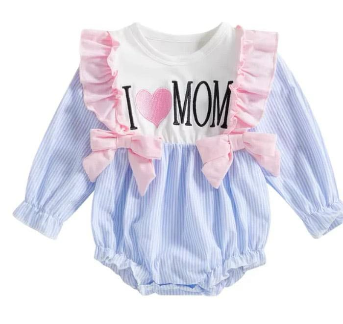 Light blue stripe I love MOM mother's day baby romper