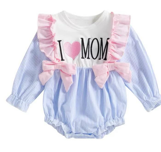 Light blue stripe I love MOM mother's day baby romper