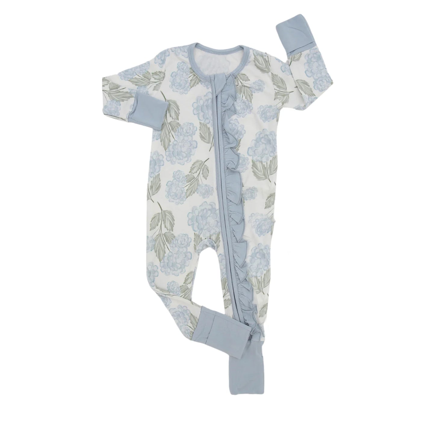 Long sleeves light blue floral baby girls zipper romper