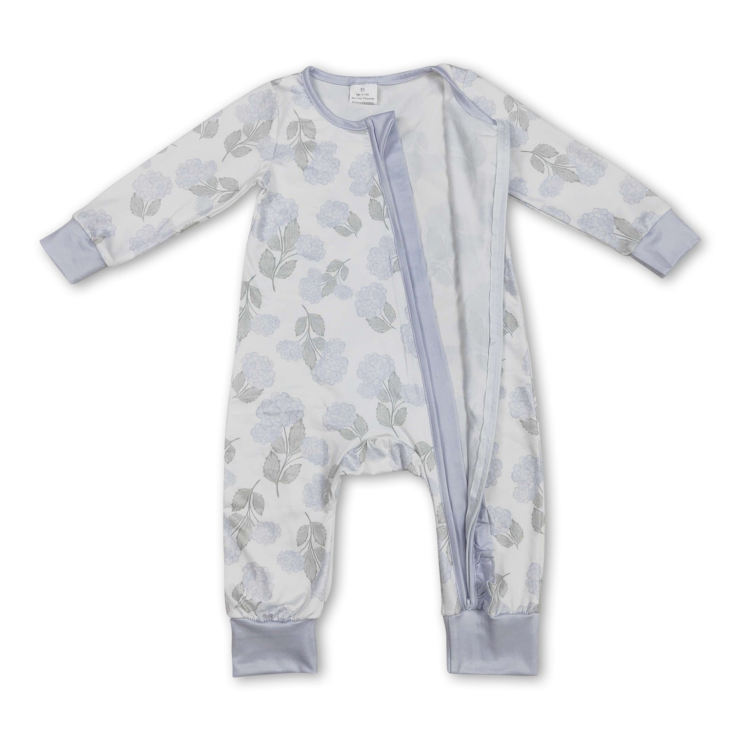 Long sleeves light blue floral baby girls zipper romper