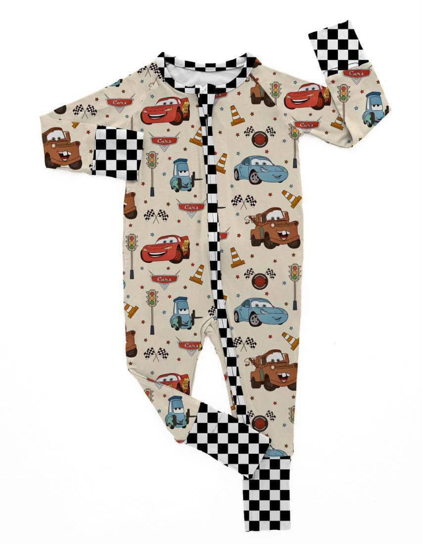 Plaid long sleeves cars baby kids zipper romper