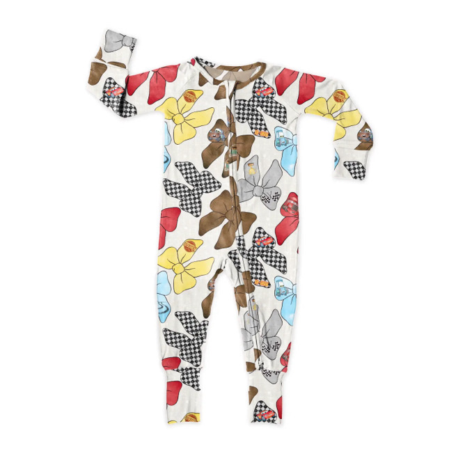 Long sleeves cars plaid bow baby girls zipper romper