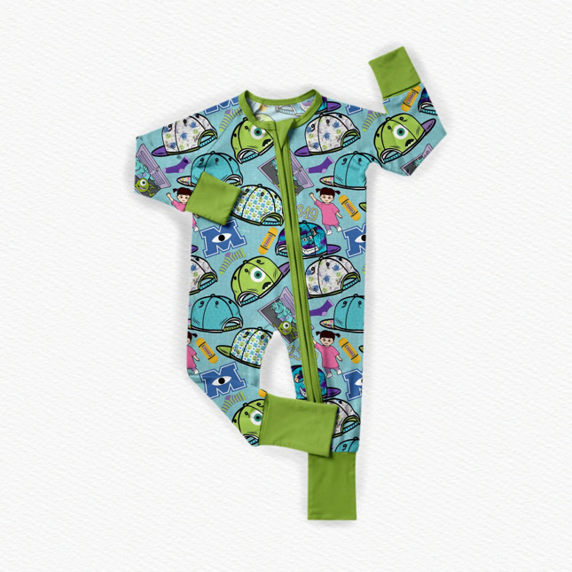 Green long sleeves monster hat baby zipper romper