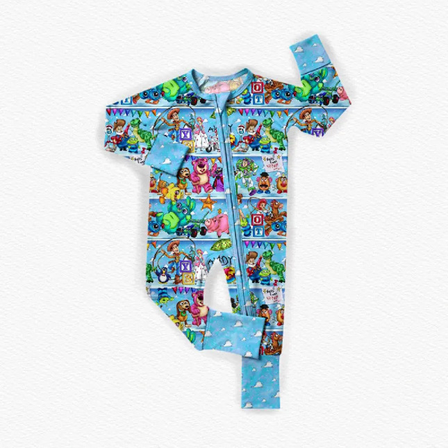 Light blue long sleeves pig bear toy baby zipper romper