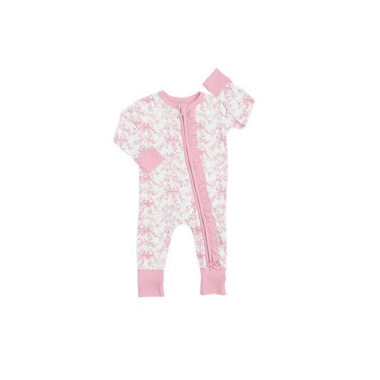 Long sleeves pink ruffle floral bow baby girls zipper romper