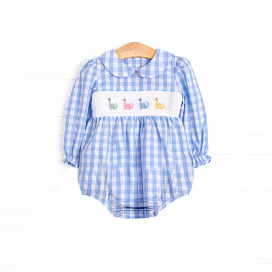 Blue plaid long sleeves dinosaur baby girls romper