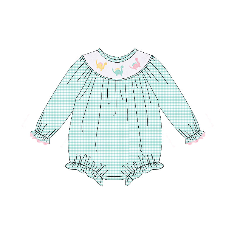 Green plaid long sleeves dinosaur baby girls romper