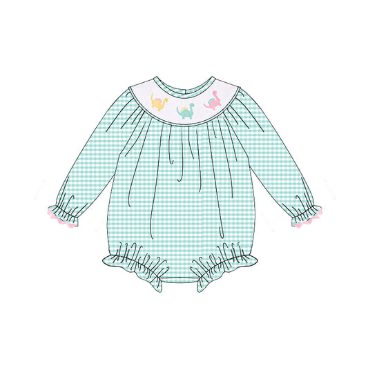 Green plaid long sleeves dinosaur baby girls romper