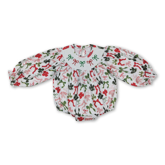 Long sleeves green red bow girls Christmas romper