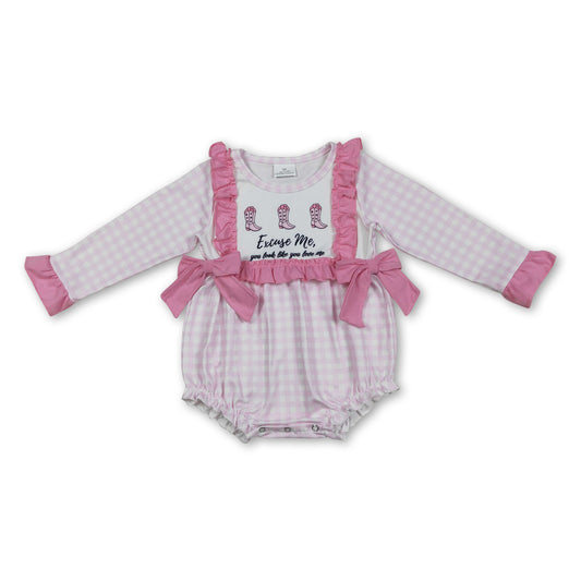 Long sleeves pink plaid boots baby girls romper