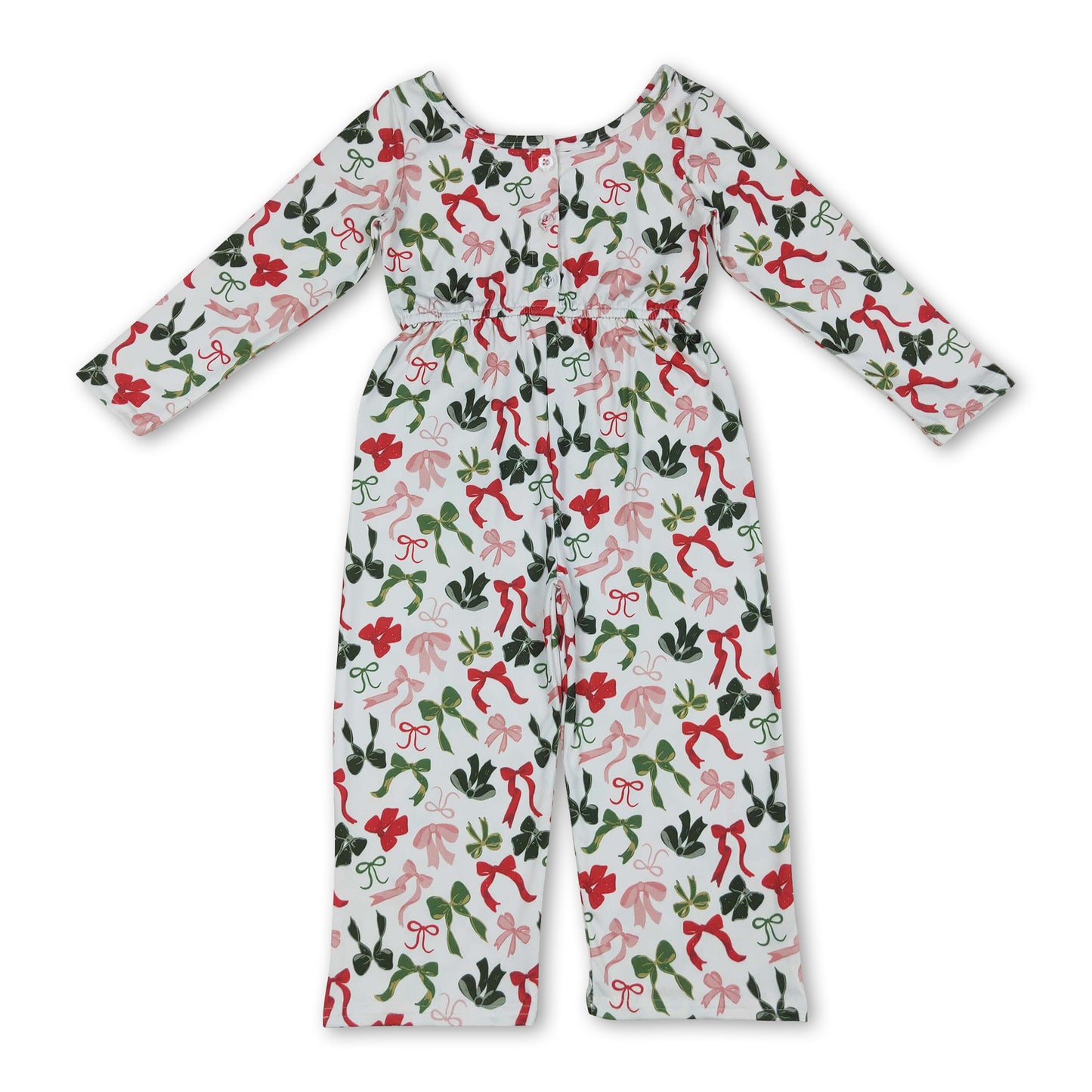 Long sleeves red green bow kids girls Christmas jumpsuit