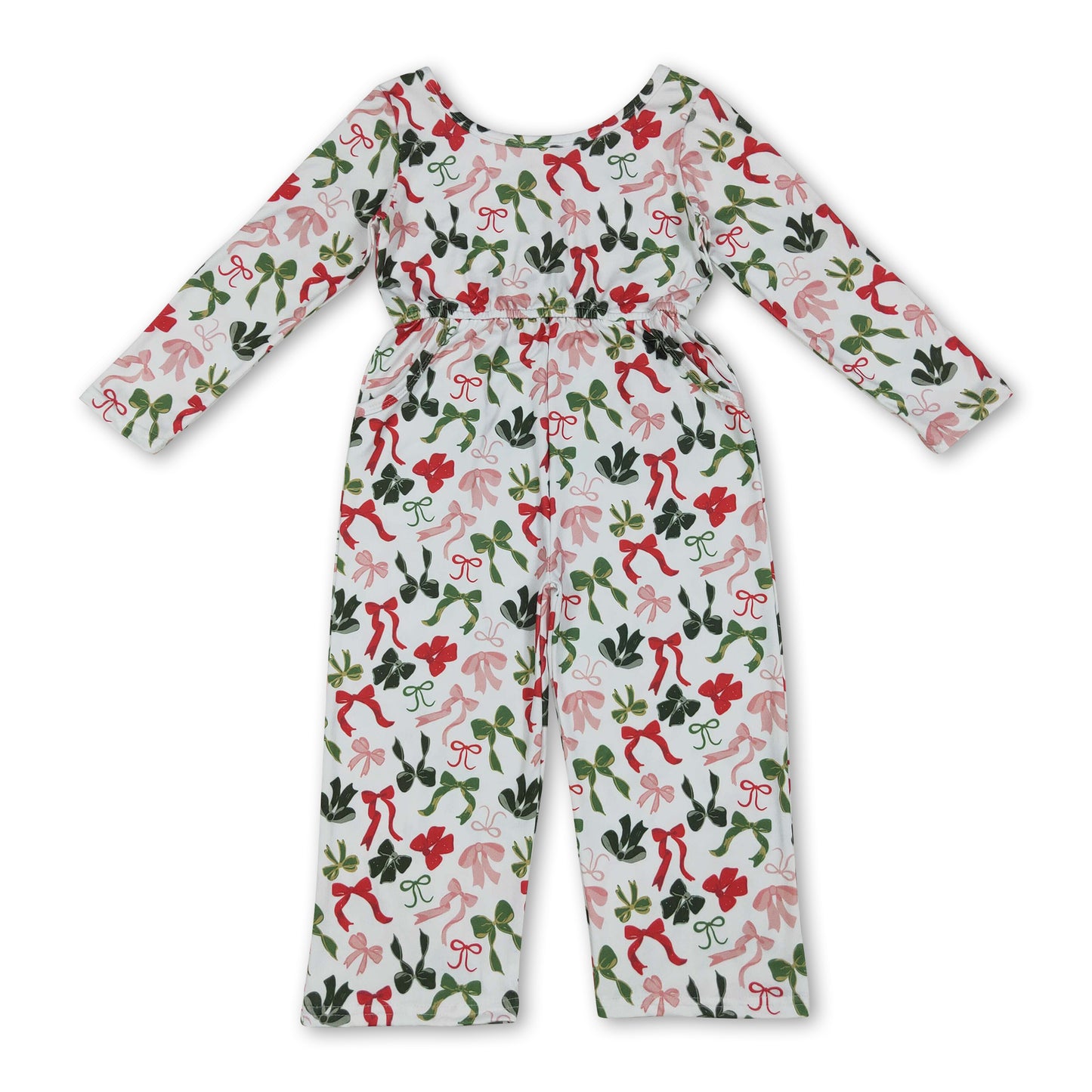 Long sleeves red green bow kids girls Christmas jumpsuit