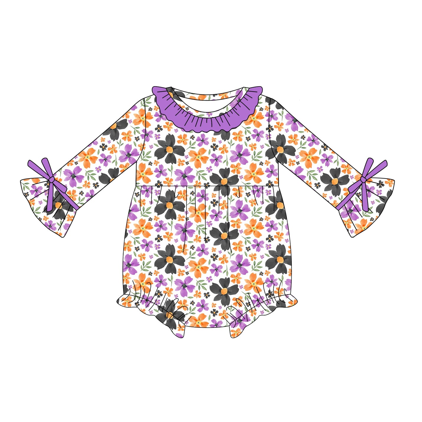 Long sleeves purple ruffle floral witches girl Halloween romper