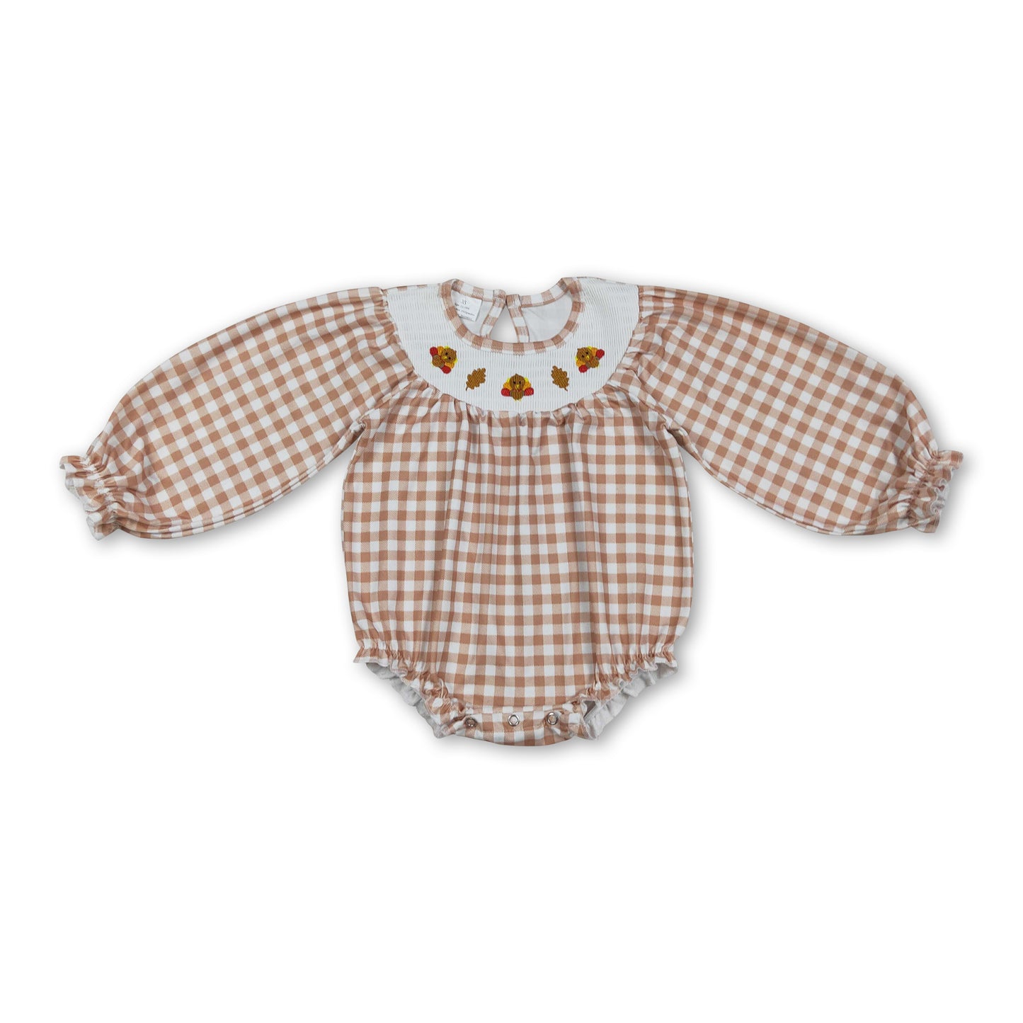 Khaki plaid turkey smocked girls Thanksgiving romper