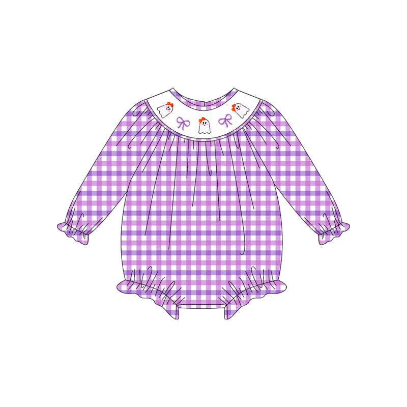 Purple plaid ghost bow smocked girls Halloween romper