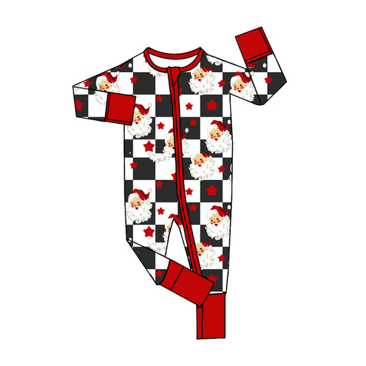 Long sleeves black plaid santa baby Christmas zipper romper