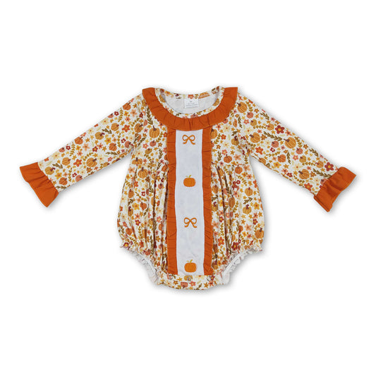 Long sleeves floral bow pumpkin baby girls fall romper
