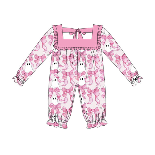 Long sleeves pink ruffle bow ghost baby Halloween romper