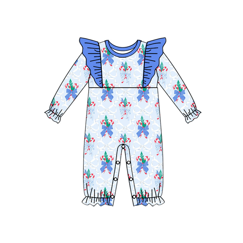 Long sleeves blue bow candy cane girls Christmas romper