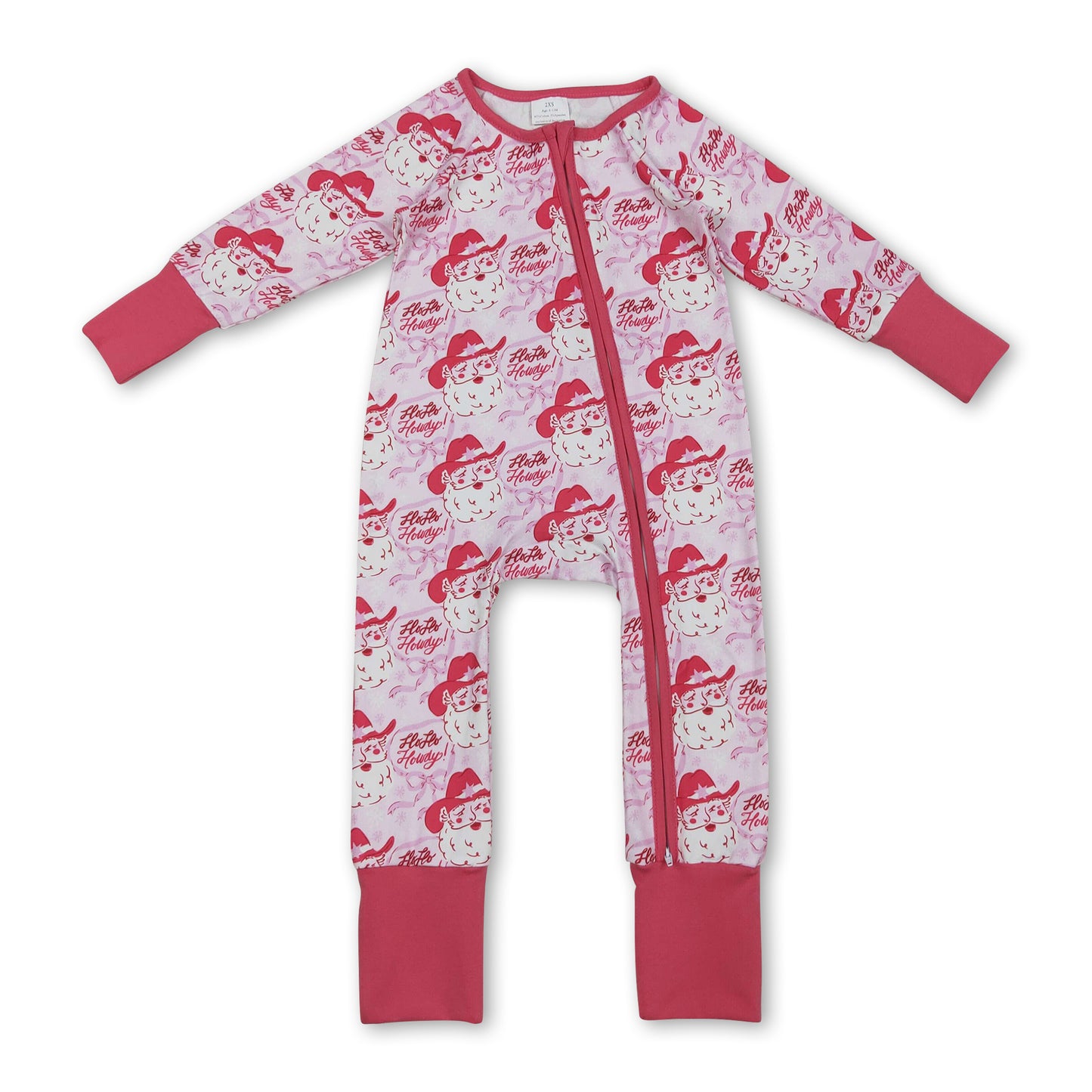 Long sleeves pink bow santa western girls Christmas romper